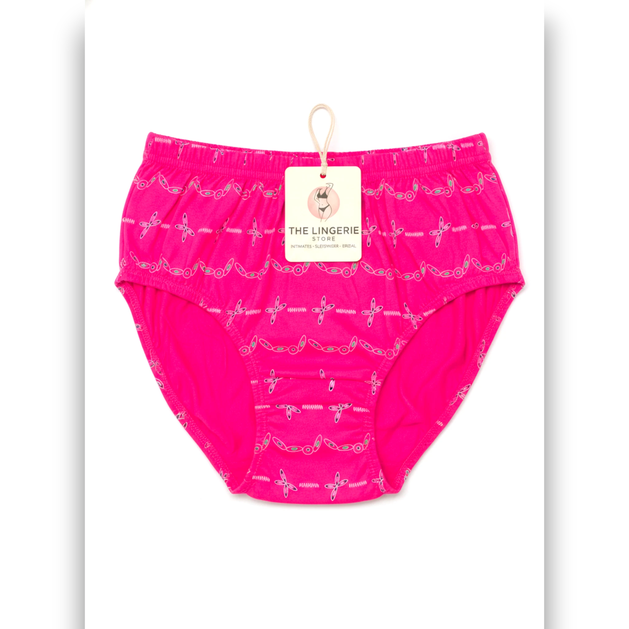 Hot pink printed cotton brief by The Lingerie Store Pakistan — geometric chain print