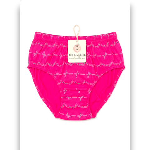Hot pink printed cotton brief by The Lingerie Store Pakistan — geometric chain print