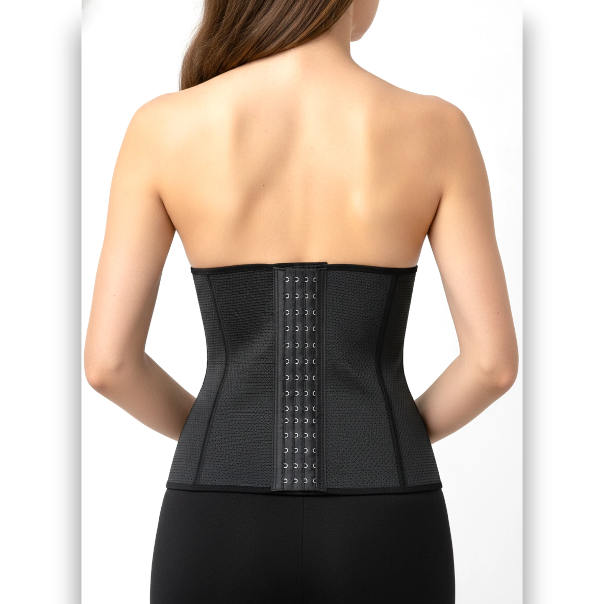 Women's black mesh waist trainer back view — firm tummy control belt TLS