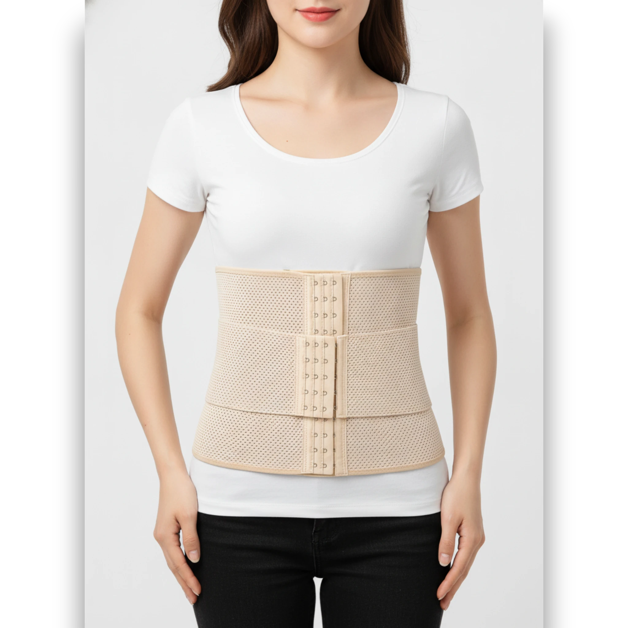 Women wearing beige waist trainer belt front view — tummy control shaper TLS