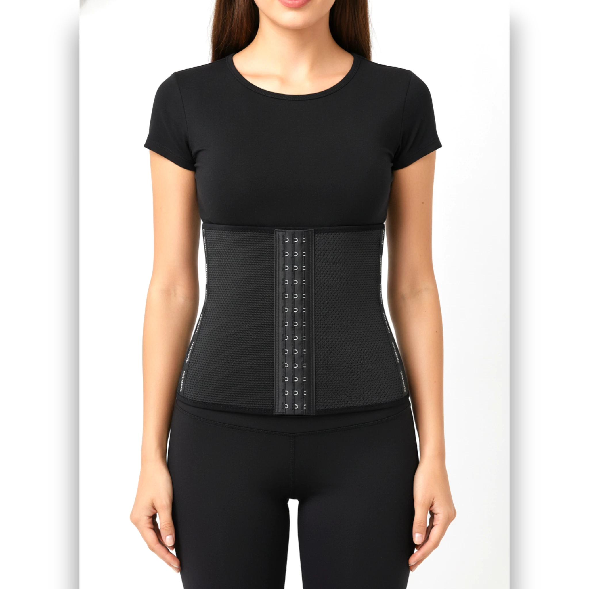 Black sports waist trainer belt front view — tummy slimming belt TLS Pakistan