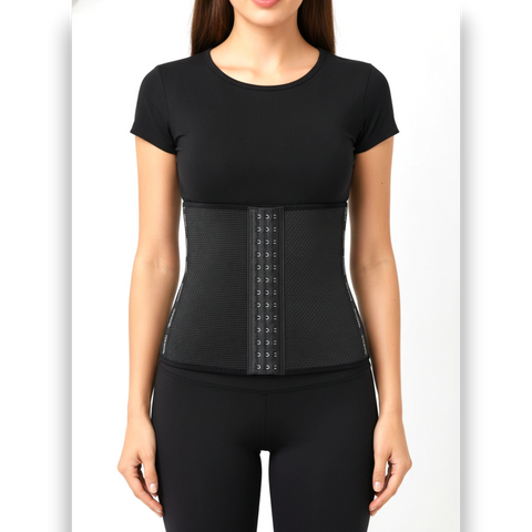 Black sports waist trainer belt front view — tummy slimming belt TLS Pakistan