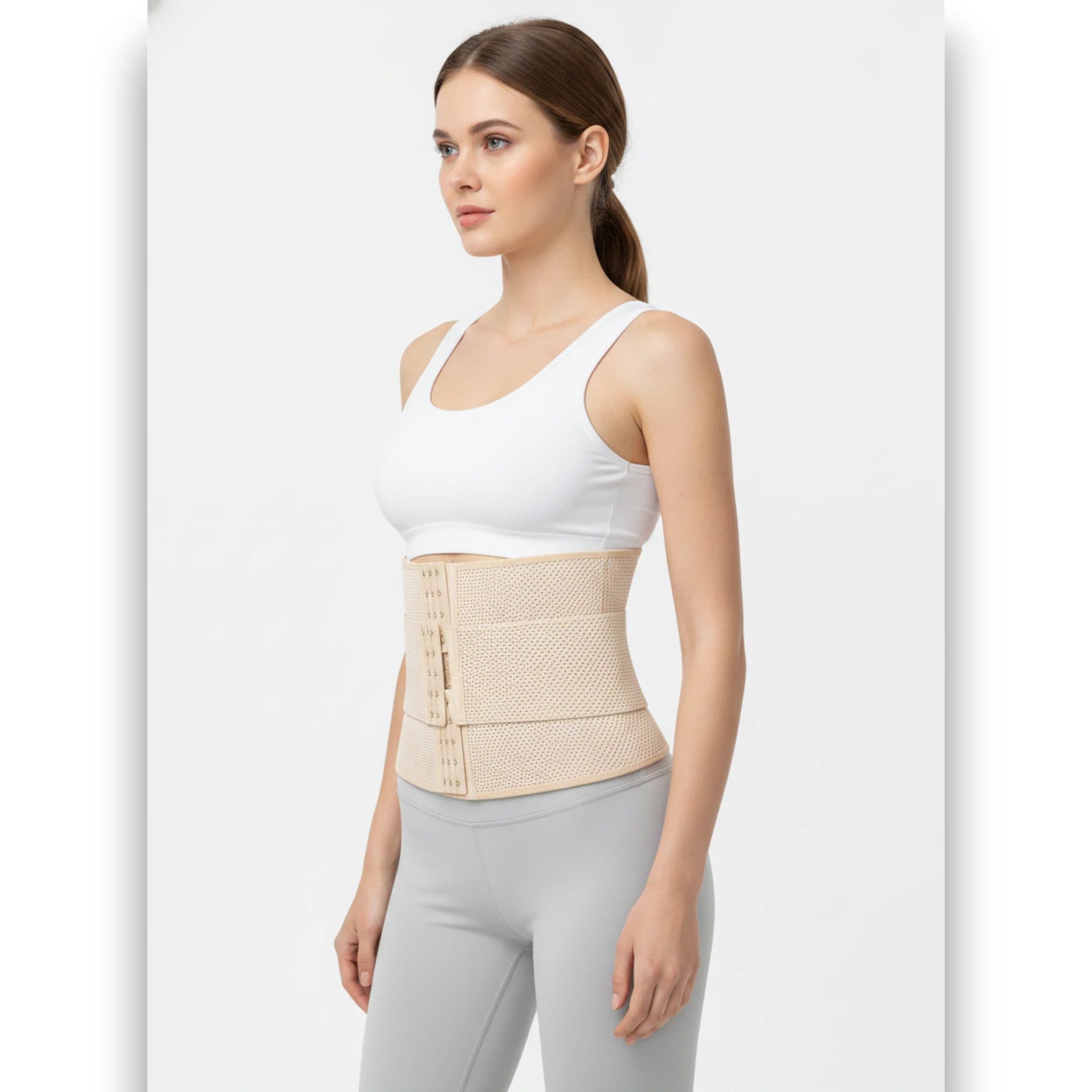Side view of beige breathable waist trainer — hourglass shaper The Lingerie Store