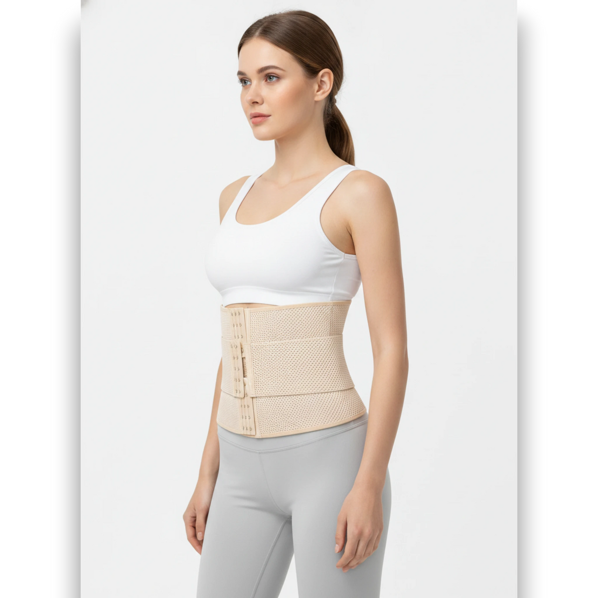 Side view of beige breathable waist trainer — hourglass shaper The Lingerie Store