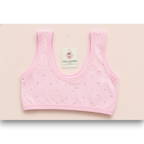 Girls pink cotton training bra with floral print, wire-free crop bra for teens 