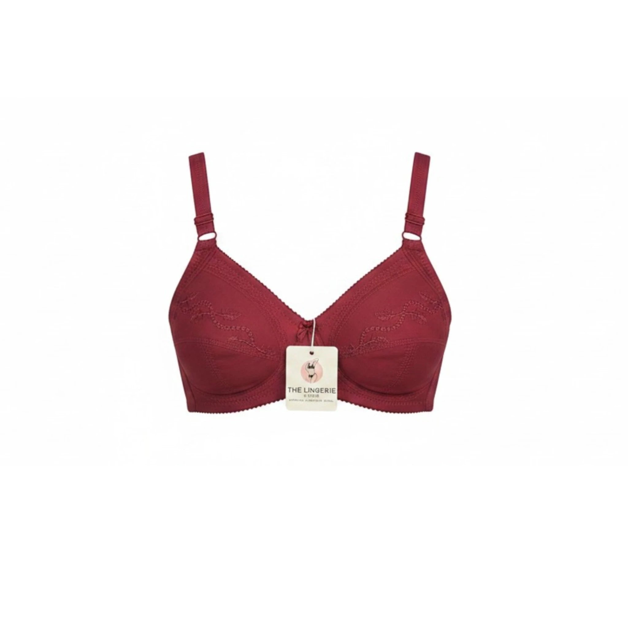 Flat lay of deep maroon non-wired cotton bra showing floral embroidery cup detail – TLS