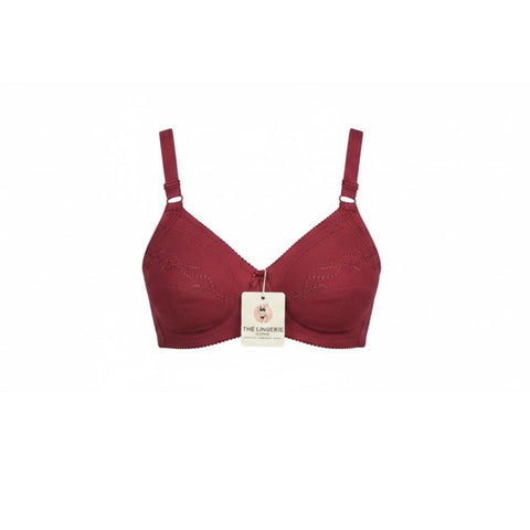 Flat lay of deep maroon non-wired cotton bra showing floral embroidery cup detail – TLS