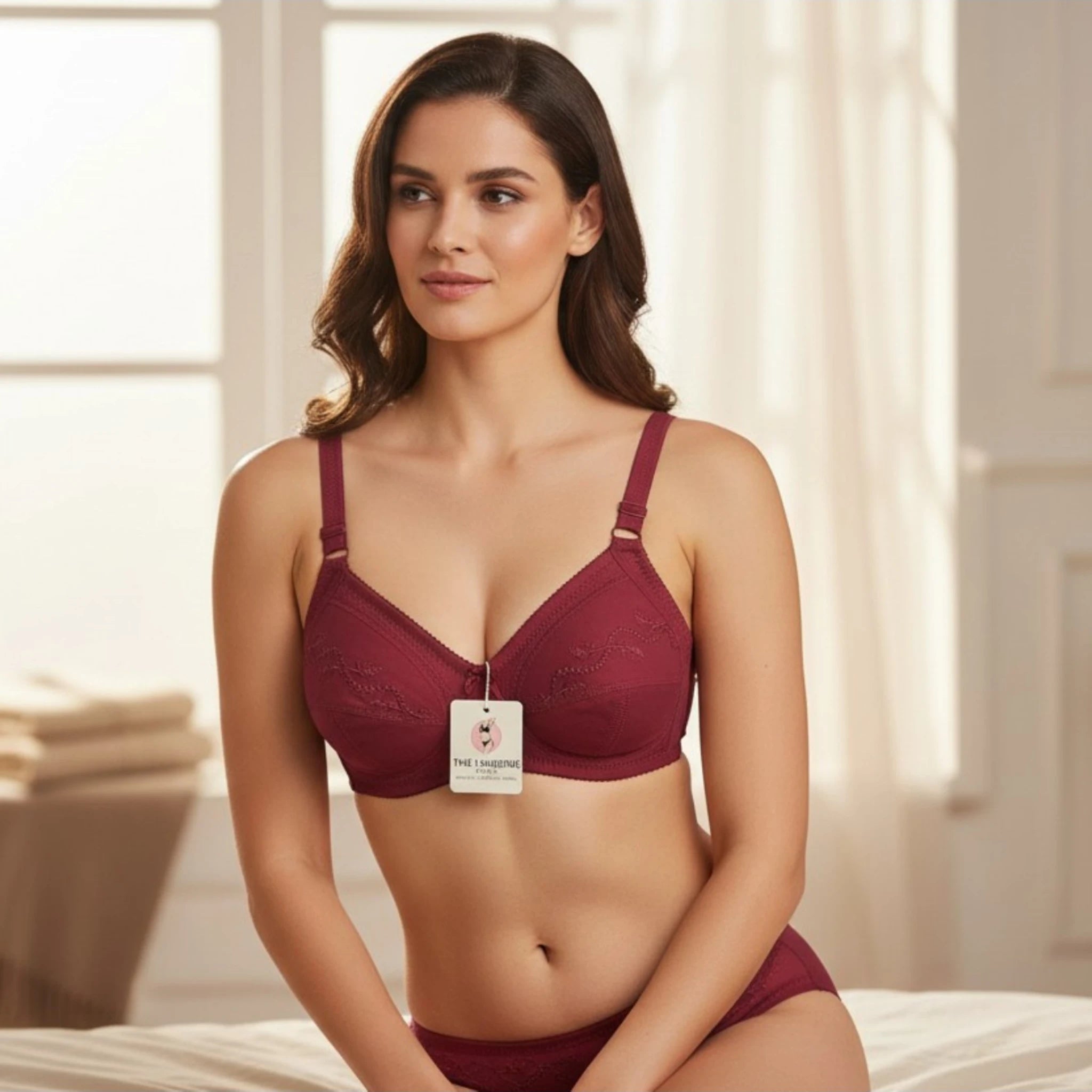 Front model view of deep maroon embroidered wire-free cotton bra – The Lingerie Store