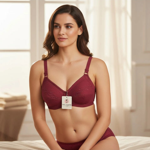 Front model view of deep maroon embroidered wire-free cotton bra – The Lingerie Store