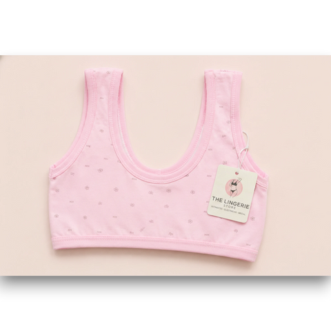Back view of girls pink floral print cotton training bra with product tag – The Lingerie Store